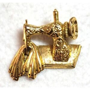1928 Brand Sewing Machine Brooch Goldtone Pin Tailor Antique Art Deco Inspired